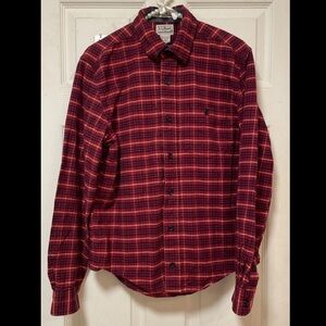 LL Bean Shirt Mens Small Red Navy Blue Yellow Plaid Slightly Fitted Flannel EUC
